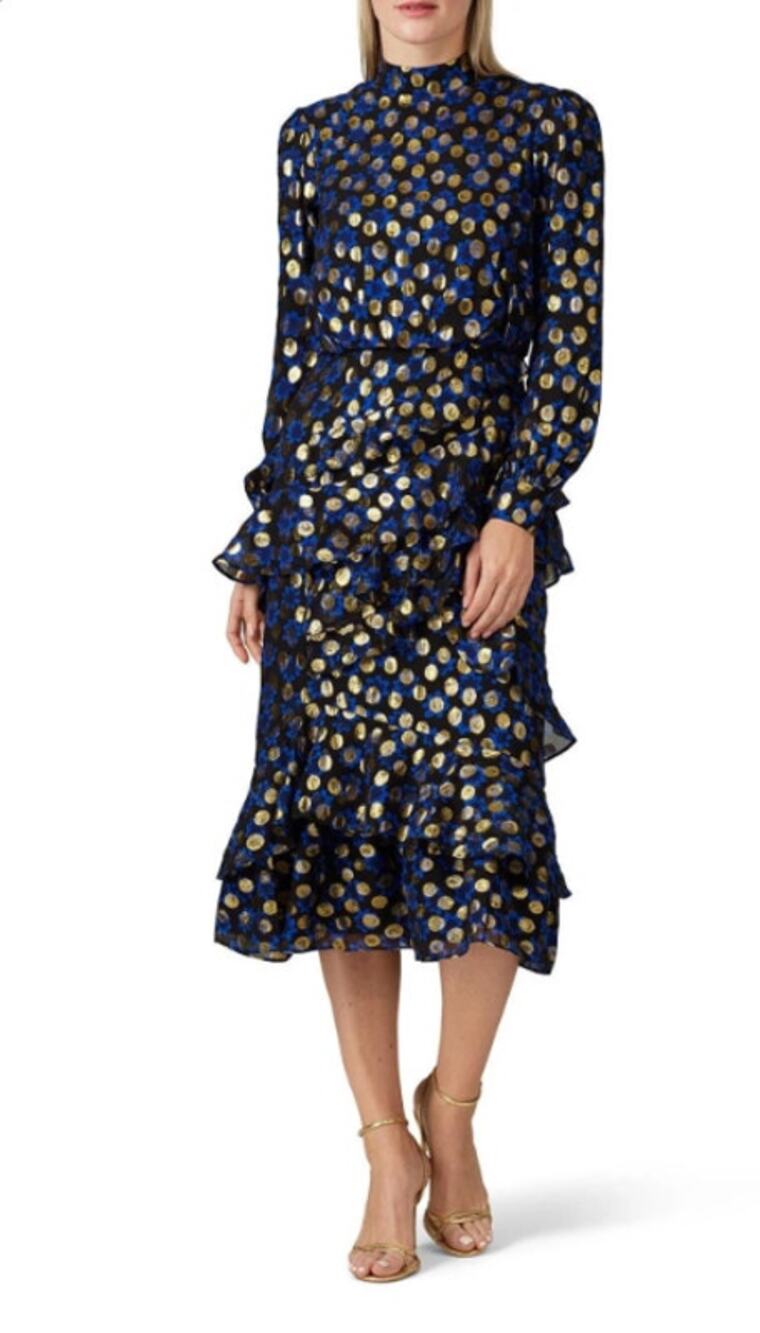 Saloni Womens Isa Ruffle Dress Knee Length Silk Velvet Polka Dots Black Size 0